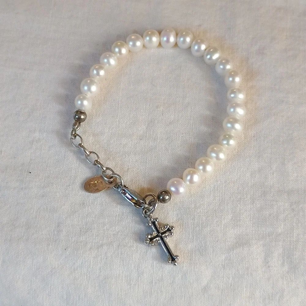 Baby Pearl And Sterling Silver Baby Bracelet With Cross Charm